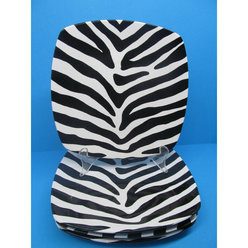 222 Fifth Zebra Set Of 4 Black And White 10" Dinner Plates GUC